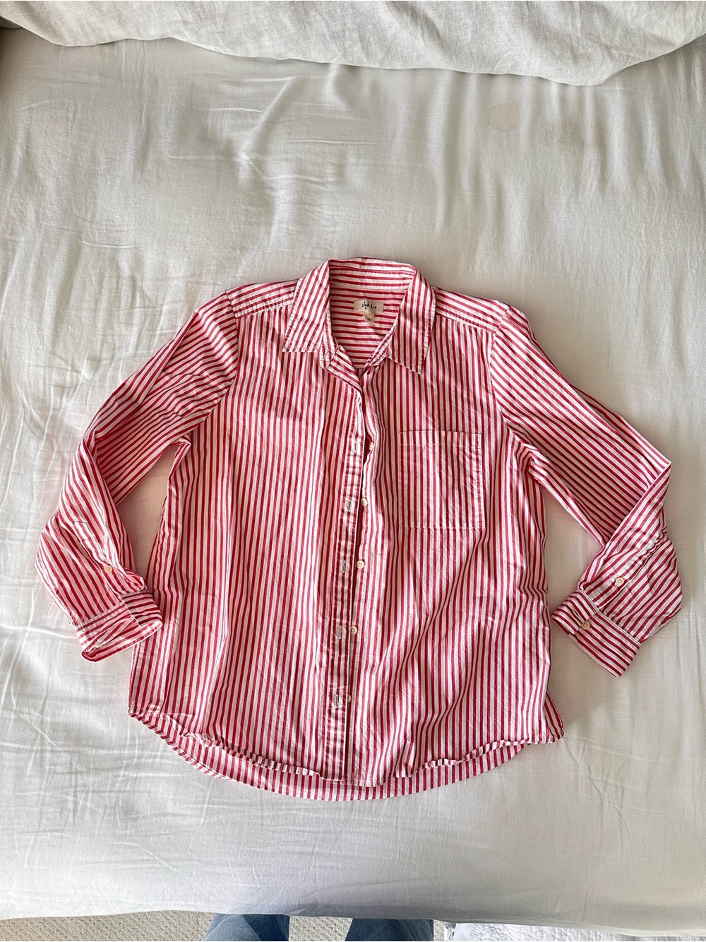Red and white poplin button up shirt